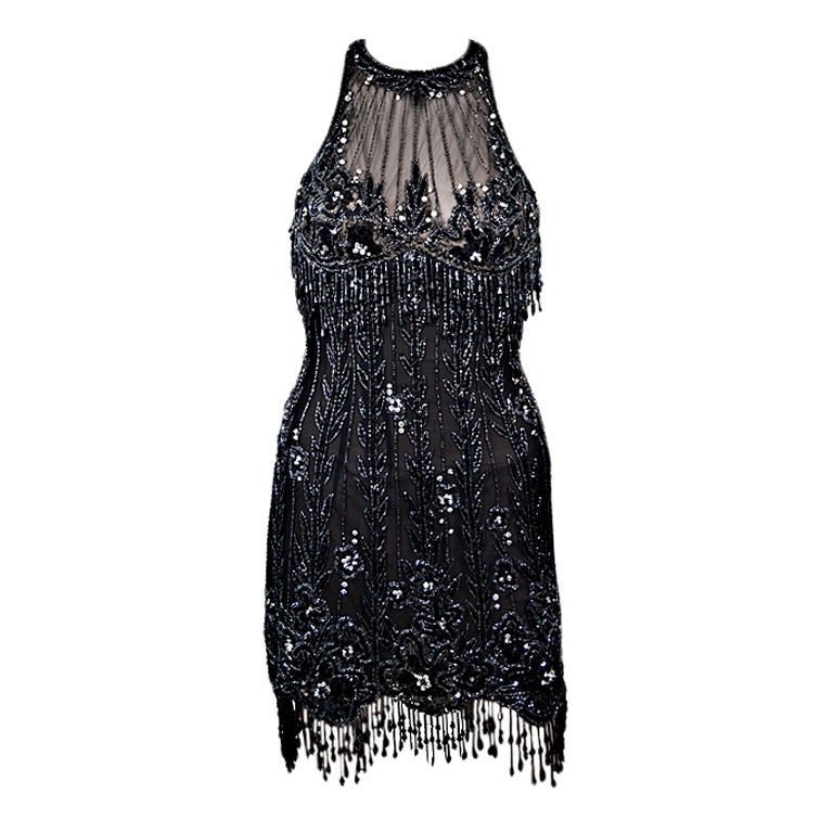 Bob Mackie Black and Silver Beaded Cocktail Dress US 0