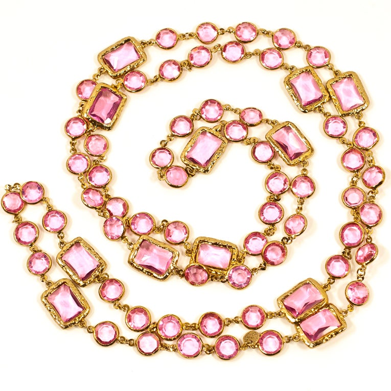 Chanel vintage pink crystal chicklet sautoir necklace from 1981
Square & round faceted pink crystals
Can be styled single, double or triple, and looks great with pearls
This color is highly coveted among the sautoirs, and shines brightly in