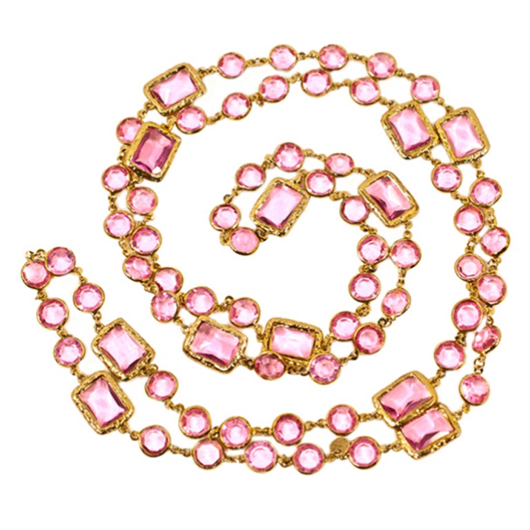 Chanel Necklace Vtg Pink Crystal Chicklet Sautoir 1981 For Sale
