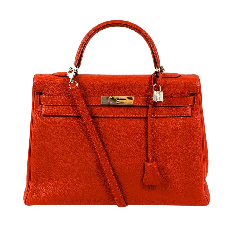 Hermes Vermillion Kelly Handbag Togo 35cm PHW Mint For Sale