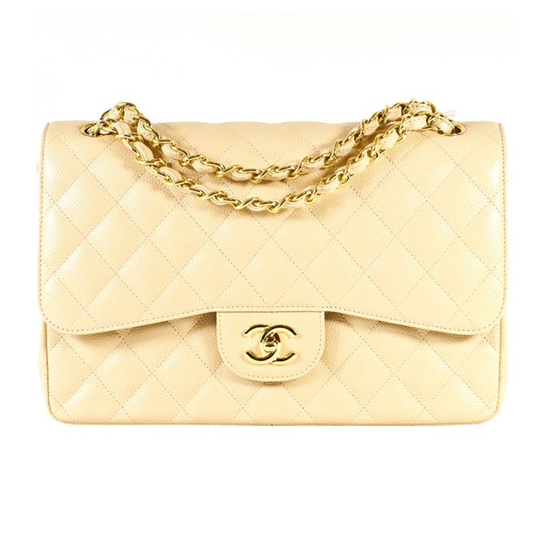 Chanel Beige 2.55 Jumbo Classic Caviar Double Flap Bag SHW For Sale