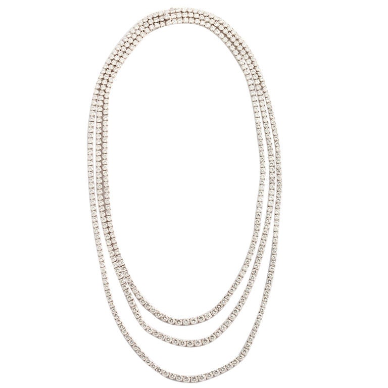 Elegant White Gold Three Strand Diamond Link Necklace For Sale at ...