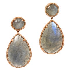 Rose Gold Labradorite Earrings Surrounded in Diamonds