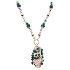 Modern Carved Multi Gem Diamond Pendant Necklace