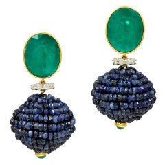 Sapphire Bead, Diamond, Emerald and Green Quartz Drop Earrings