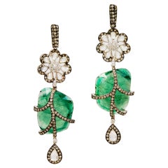 Ornate Emerald Nugget Rose Cut Diamond Earrings