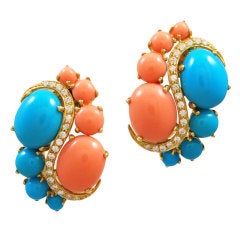 Turquoise Coral Diamond Ear Clips