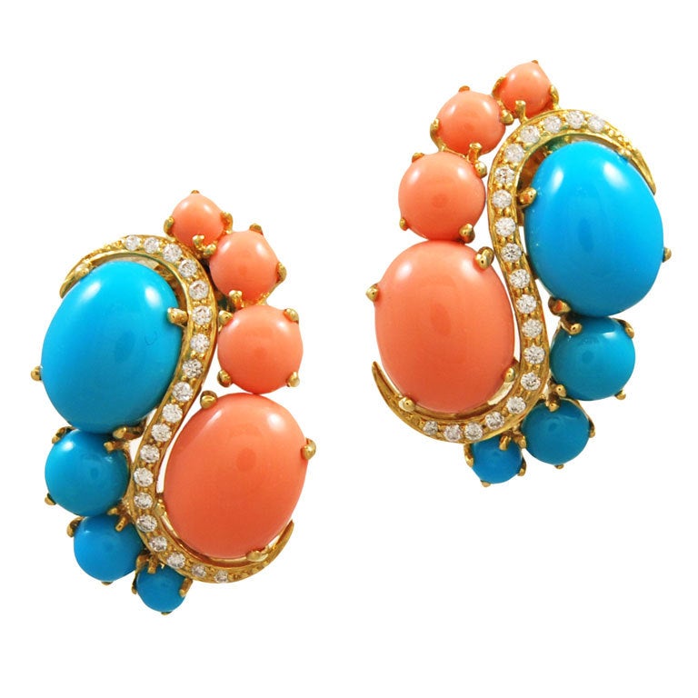 Turquoise Coral Diamond Ear Clips