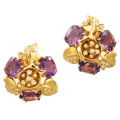 Amethyst Diamond Gold Vine Leaf Cluster Earring