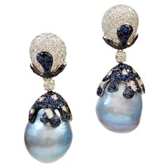 Fabulous Baroque Blue Pearl Sapphire Diamond Earrings