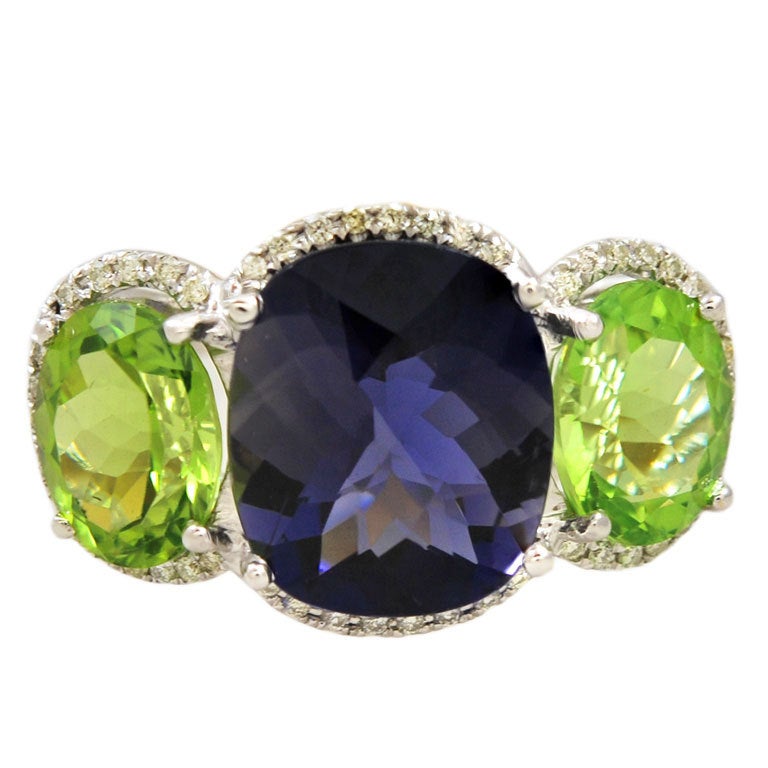 Bold Colored Stone Iolite Peridot Diamond Ring For Sale