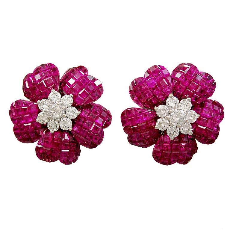 Invisibly Set Ruby Diamond Earrings For Sale