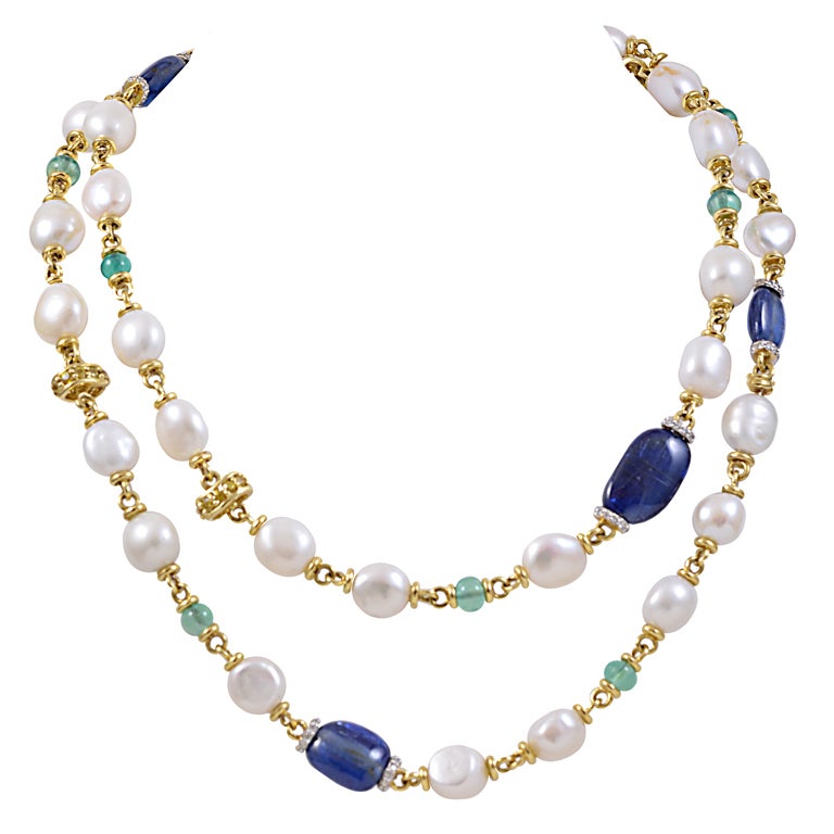 Gold, Colored Stone and Pearl Necklace For Sale