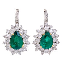 Pear Shaped Untreated Emerald and Diamond Earrings