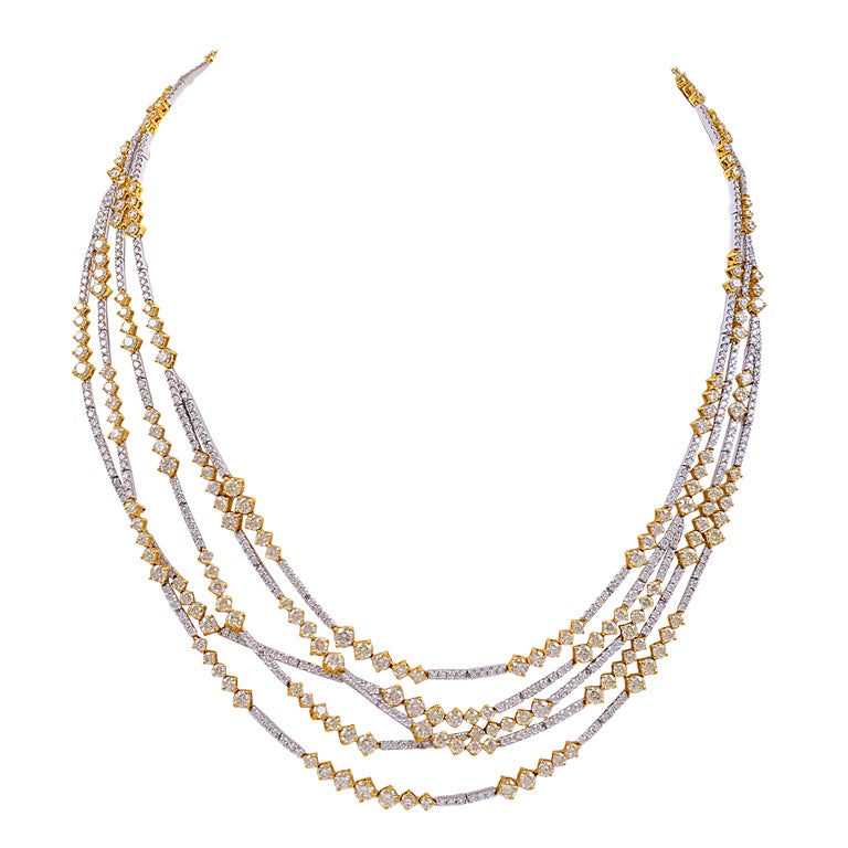 Yellow and White Diamond MultiStrand Necklace For Sale