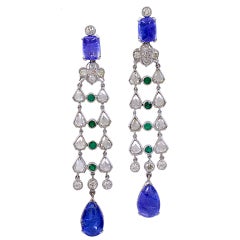 Vintage Rose Cut Tanzanite and Emerald Drop Earrings