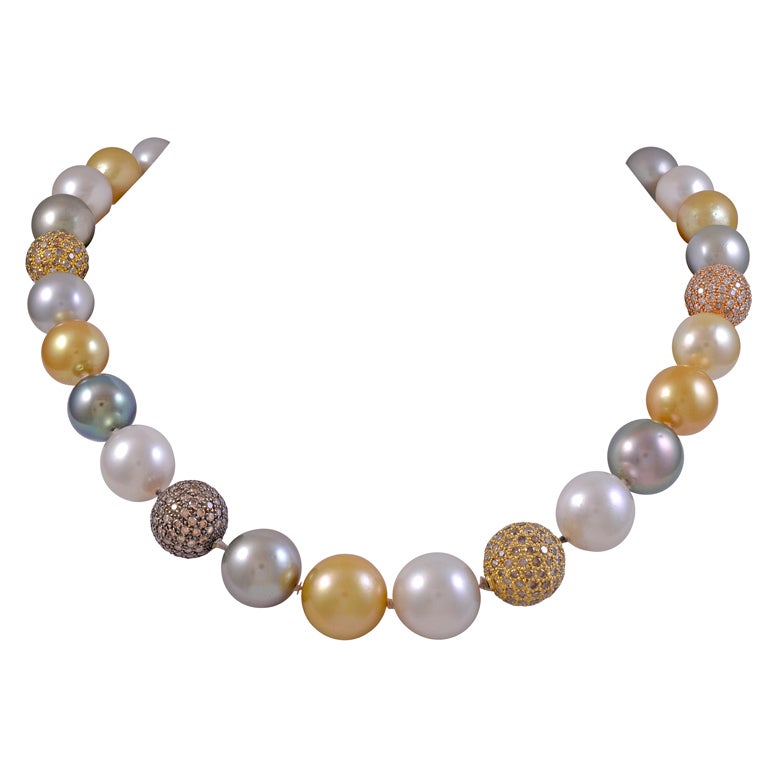 Multi Colored Pearl and Diamond Necklace For Sale