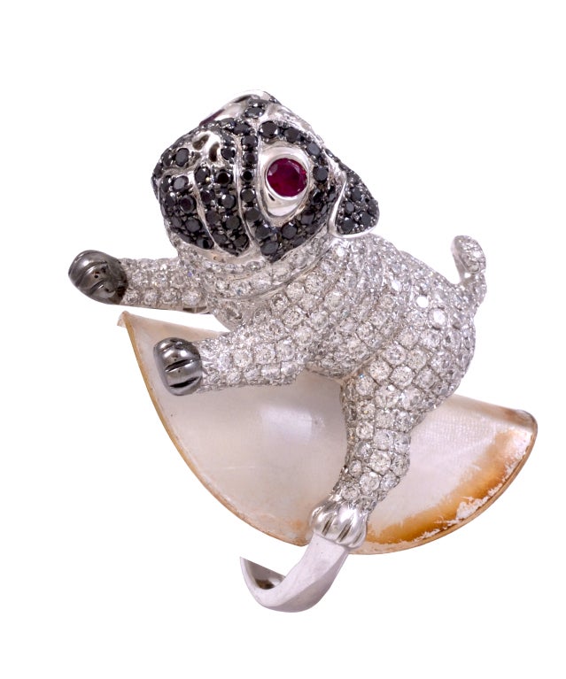 Whimsical Pug Dog Ring with 6.59 Total Weight in F-G Color Diamonds and Ruby Eyes.We Specialize in all Critters.Just Send us your Photo!
Come see our Jewelry Collection at 1050 Third Avenue New York N.Y. 10065