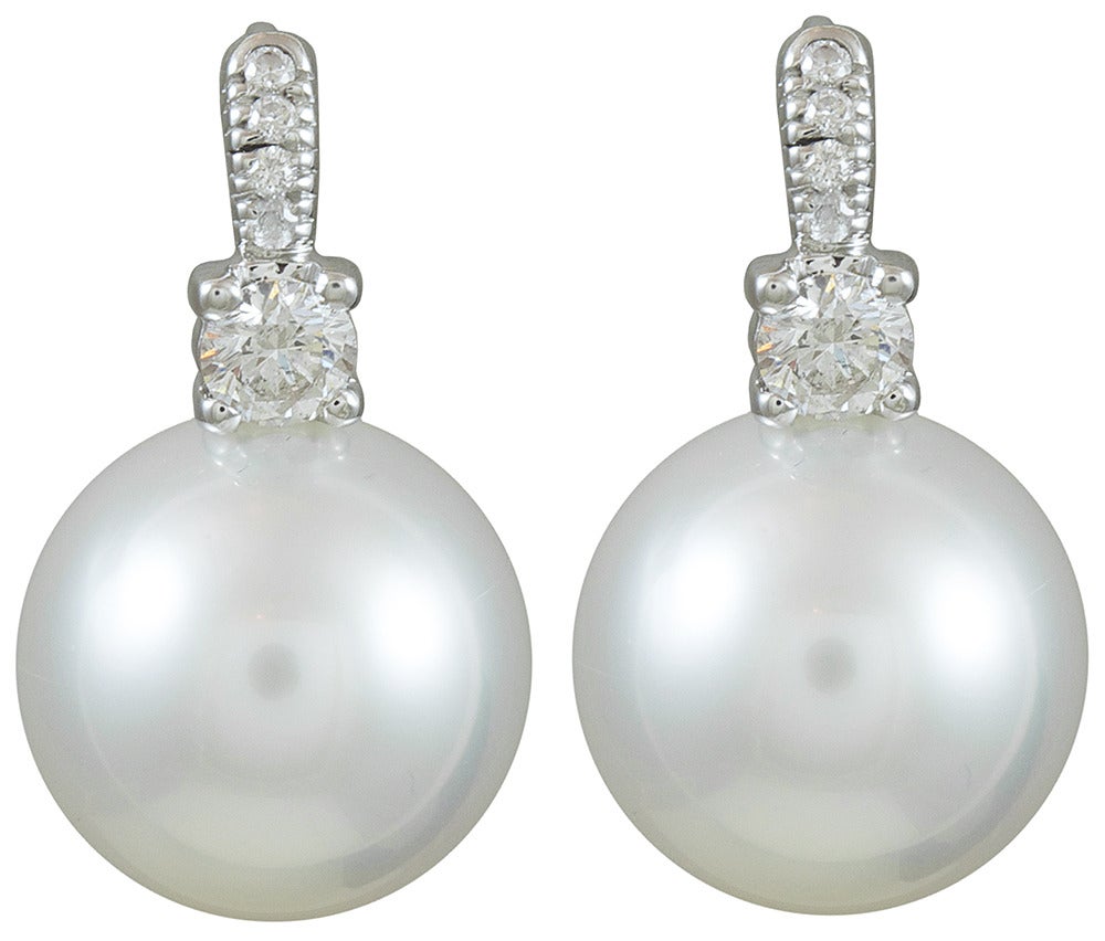 A Classic South Sea Pearl Earring, with a touch of diamonds, 
Suspended by a diamond wire
14.40 MM and .72 diamondsTCW