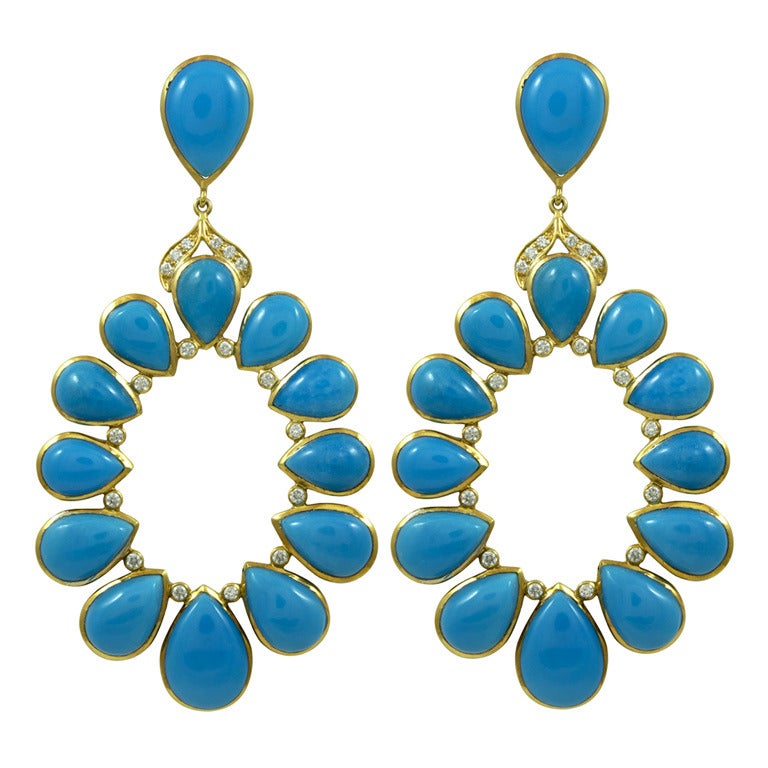Turquoise and Diamond Open Circle Earrings