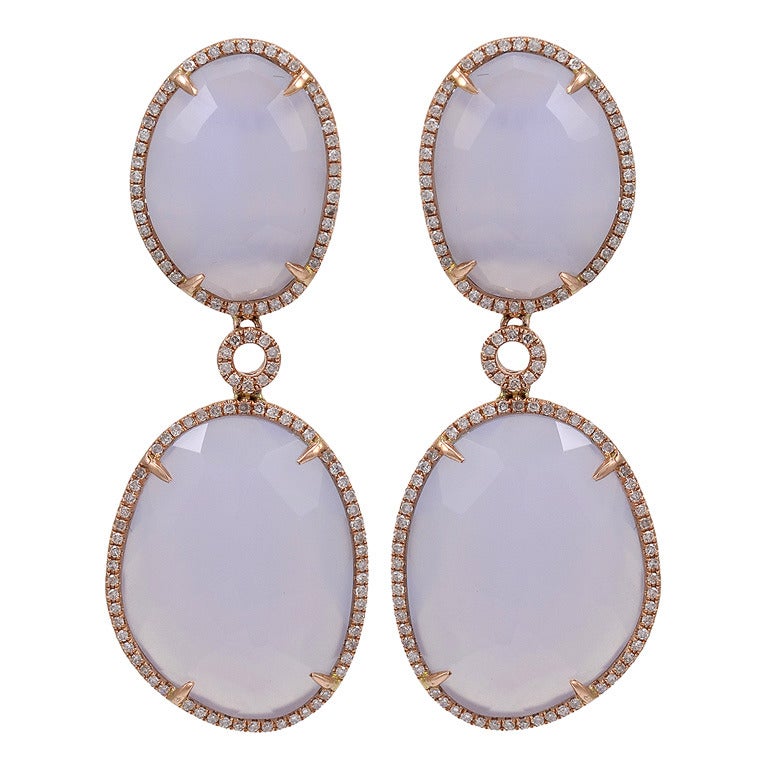 Double Hanging Chalcedony and Diamond Earrings