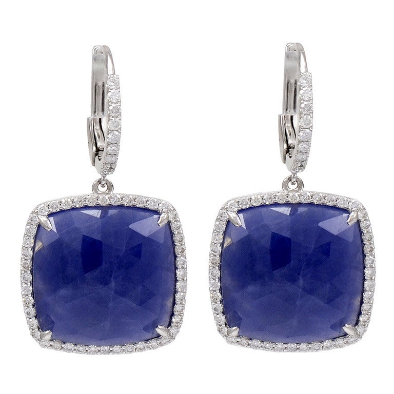 Cushion Sapphire Diamond Hanging Earrings For Sale