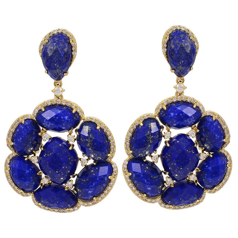 Lapis and Diamond Earrings Set in Yellow Gold