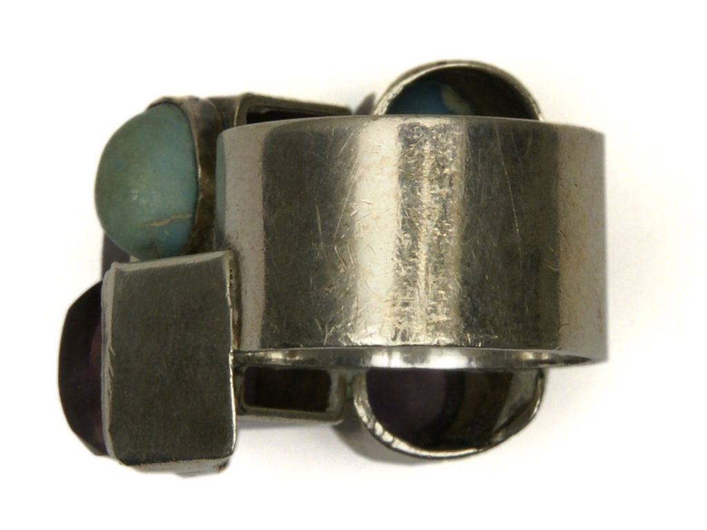 Women's Mexican silver abstract ring with semiprecious stones. For Sale