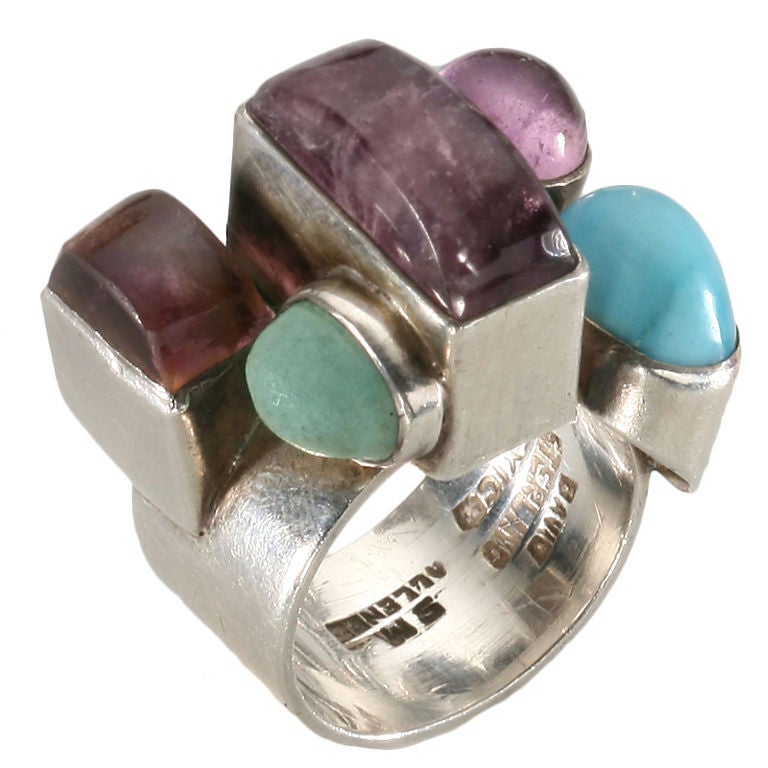 Mexican silver abstract ring with semiprecious stones. For Sale