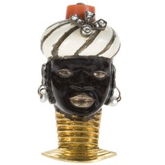 Cartier Paris 1930's Art Deco Enamel Coral Diamond and Gold Blackamoor Brooch 4
