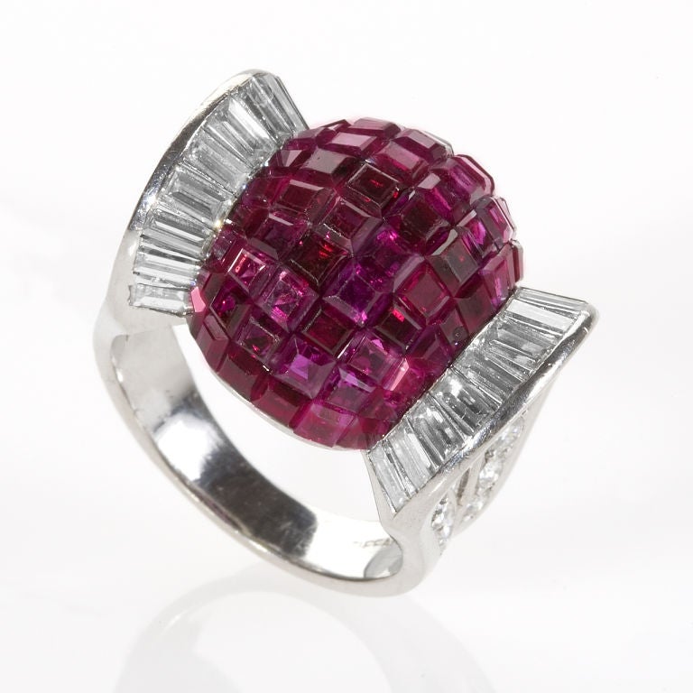 TIFFANY & CO Unique Retro Platinum, Ruby and Diamond Ring