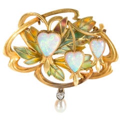 Gaston Laffitte Art Nouveau Plique a Jour Enamel Opal Gold Pendant/Brooch