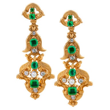 Antique English William IV Period Emerald Diamond Gold Ear Pendants