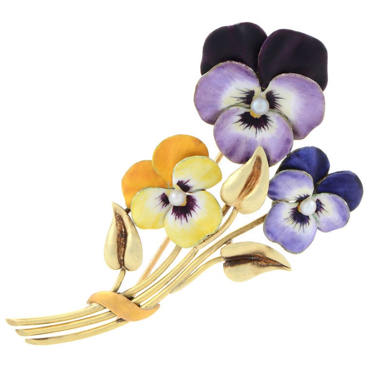 H.G.Hedges Art Nouveau Natural Seed Pearl, Enamel and Gold Violets Brooch