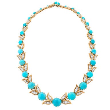 Mid 20th Century Diamond, Turquoise and Gold Necklace