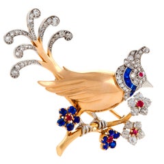Mauboussin Paris Mid-20th Century Diamond Ruby Sapphire and Gold Bird Brooch 6