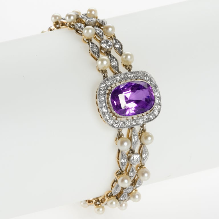 Edwardian Diamond, Amethyst, Pearl, Platinum and Gold Cluster Bracelet