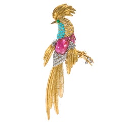 Jean Charles Mid 20th Century Multi-Gem Gold Platinum Bird Brooch