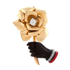 Cartier Art Deco Enamel Diamond Gold Rose in Hand Brooch