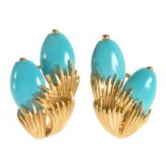 David Webb Turquoise and Gold Ear Clips