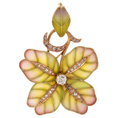 Art Nouveau Plique-a-Jour Enamel Diamond Gold Flower Pendant