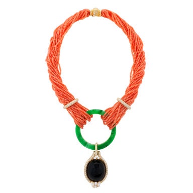 Henry Dunay Coral Jade Diamond Gold Necklace