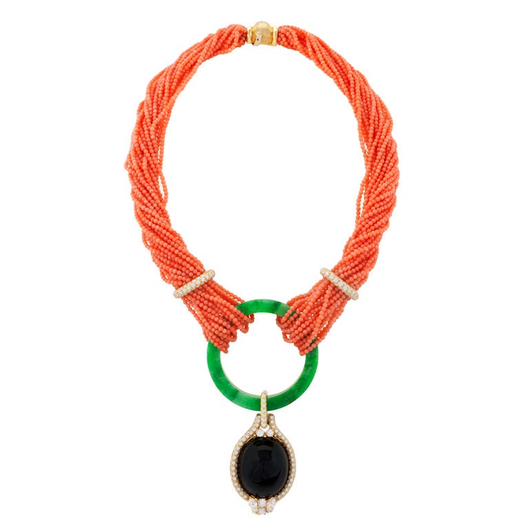 Henry Dunay Coral Jade Diamond Gold Necklace