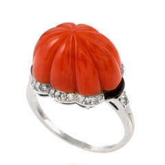 Marchak-Paris Art Deco Coral, Diamond, Enamel and Platinum Ring