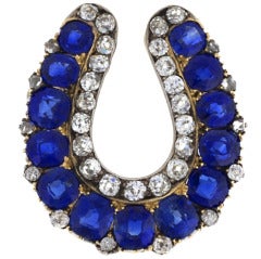 English Edwardian Sapphire Diamond Gold Horseshoe Brooch