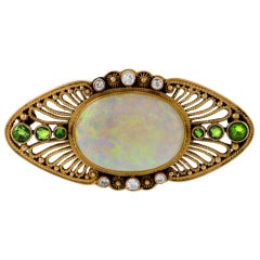 Louis C. Tiffany for Tiffany & Co. Diamond, Demantoid Garnet, Opal and Gold Filigree Brooch