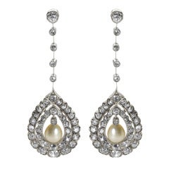 Antique Natural Pearl Diamond Silver on Gold Ear Pendants