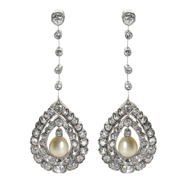 Antique Natural Pearl Diamond Silver on Gold Ear Pendants