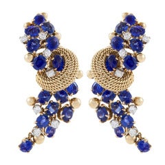 Marchak Paris Mid-20th Century Sapphire Diamond and Gold Ear Rings