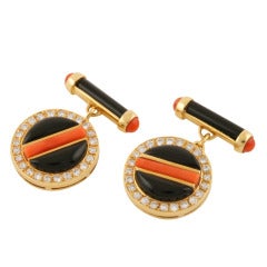 Vintage Cartier Paris Diamond, Red Coral, Onyx and Gold Cufflinks